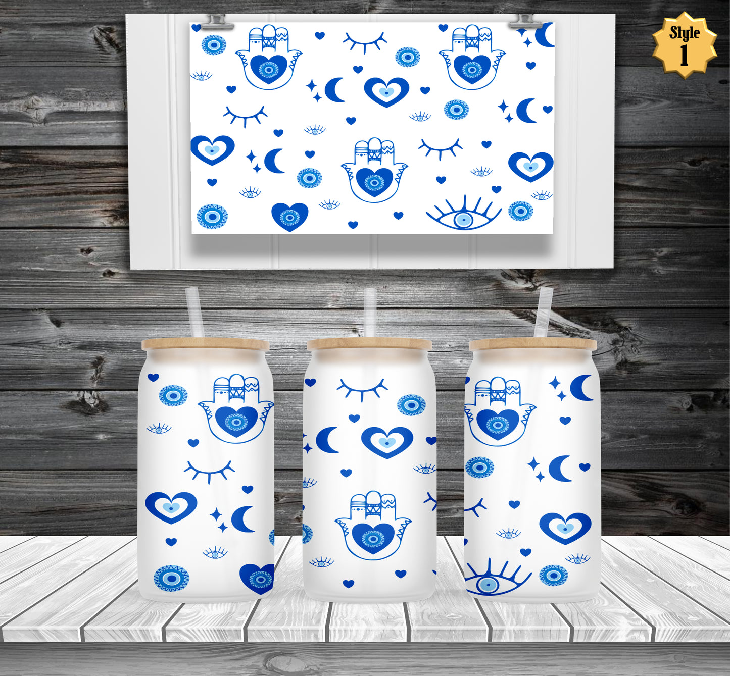 Evil Eye, Hamsa Frosted Beer Can Glass